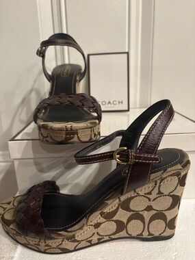 Coach Brown Signature Canvas Wedge Sandals with Dark Brown Leather